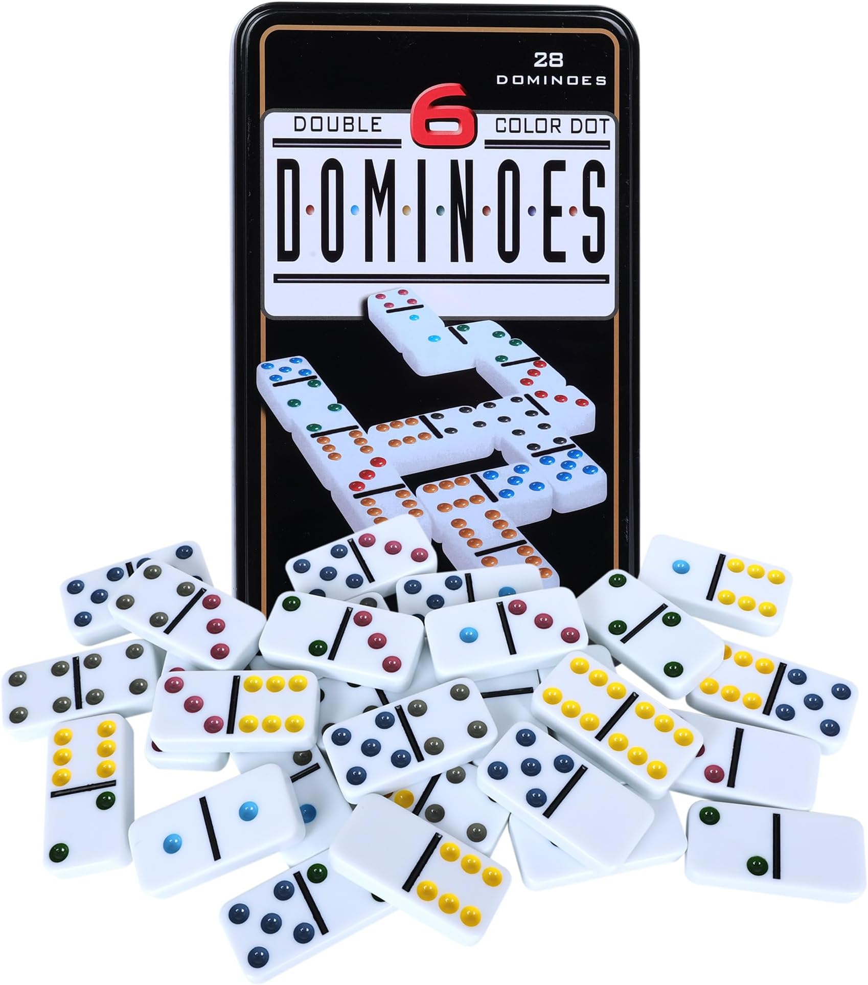 Offelec Double Six Dominoes Set | 28 Domino Tiles Double 6 Dominos with Storage Tin | Classic Family Game for Kids & Adults | Ideal for Travel, Game Nights & Educational Fun | 2-4 Players