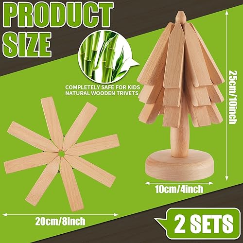 Miniatura 10 de Suzile Juego de 2 salvamanteles de madera para platos calientes, juego de salvamanteles con forma de árbol, posavasos de madera, diseño de árbol,