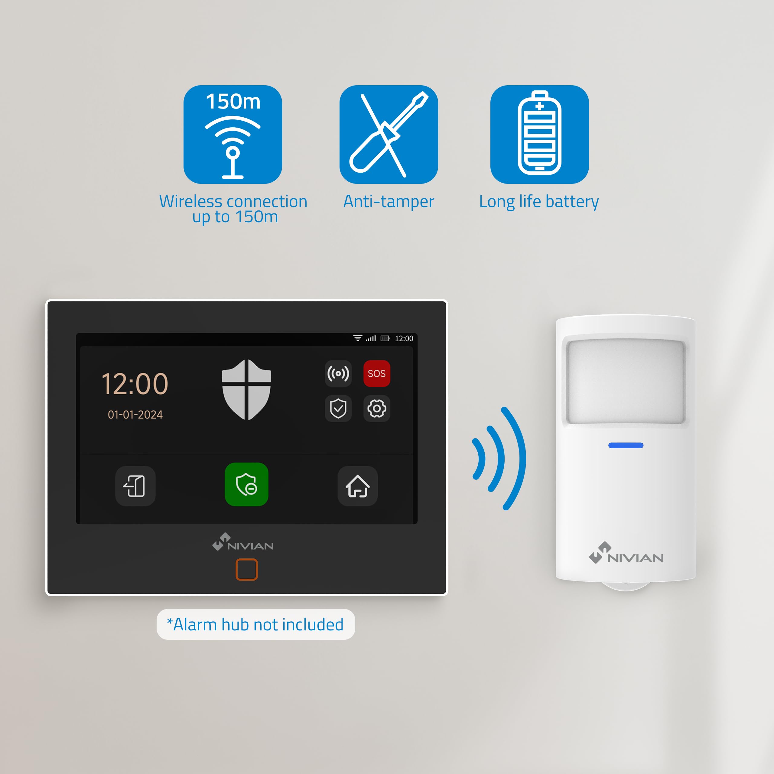 Nivian NVS-INDOORPIR - Detector de Presencia Inalámbrico Interior PIR 433 MHz, Alcance 100 m, Ángulo 110°, Instalación sin Cables, Indicador LED