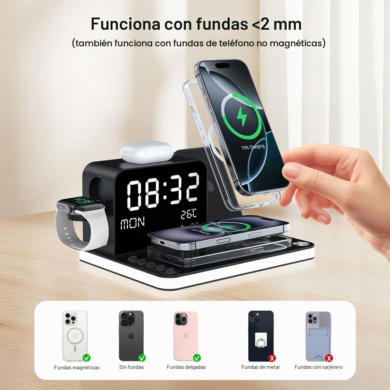 Cargador inalámbrico 7 en 1 con reloj, temperatura y fecha, compatible con iPhone 17/16/15/14/13 Pro Max, AirPods, Apple Watch, compatible con Samsung S25/S24, luz nocturna ajustable, adaptador de 33W