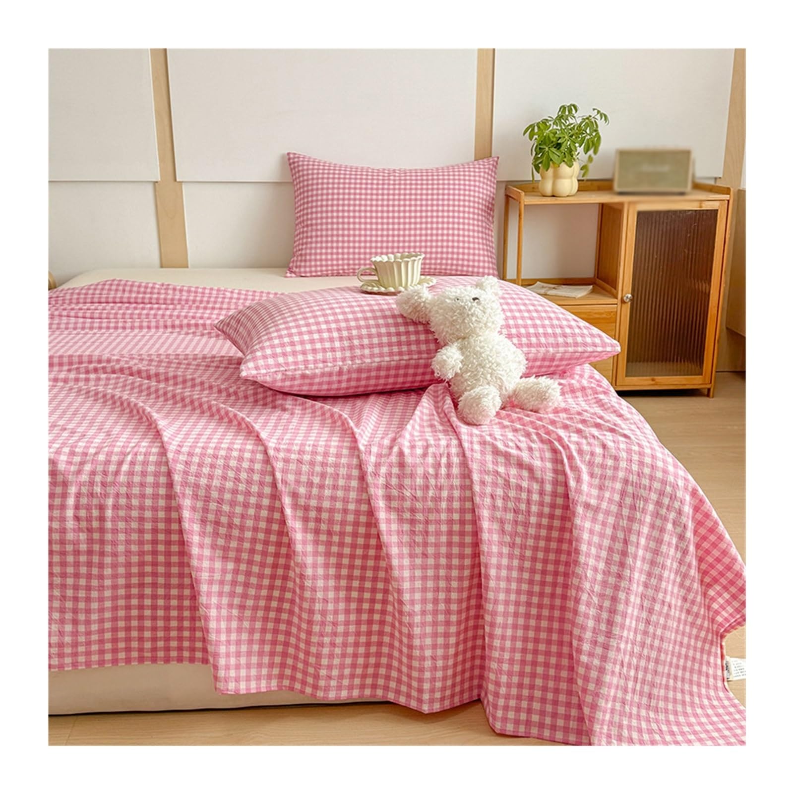 Sabanas Encimera Rayas a Cuadros 120x230cm a 245x270cm de Algodón Lavado Sábana Plana para Cama 90cm a 200cm Clase A Ultra Suave y Transpirable(Pink B,200x230cm+48x74cm x2)