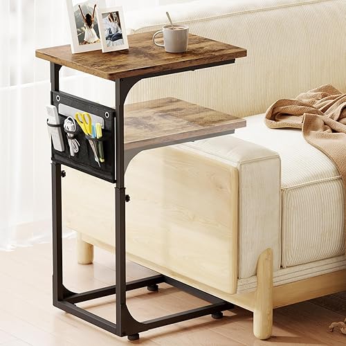Fixwal Mesa auxiliar en forma de C, mesa auxiliar de altura ajustable para sofá, bandeja de TV con bolsa de almacenamiento, deslizable debajo del