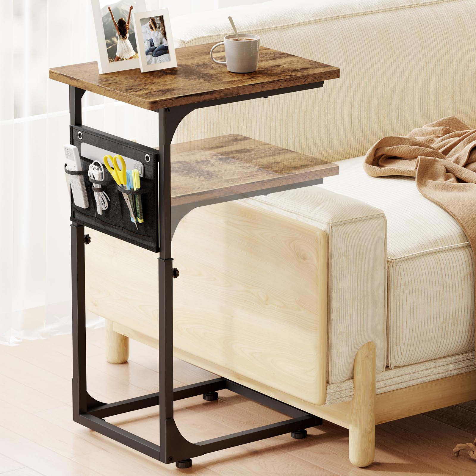 Fixwal C Shaped End Table Adjustable Height Side Table for Couch, TV Tray with Storage Bag Slide Under Sofa Small Tables for Living Room, Bedroom &