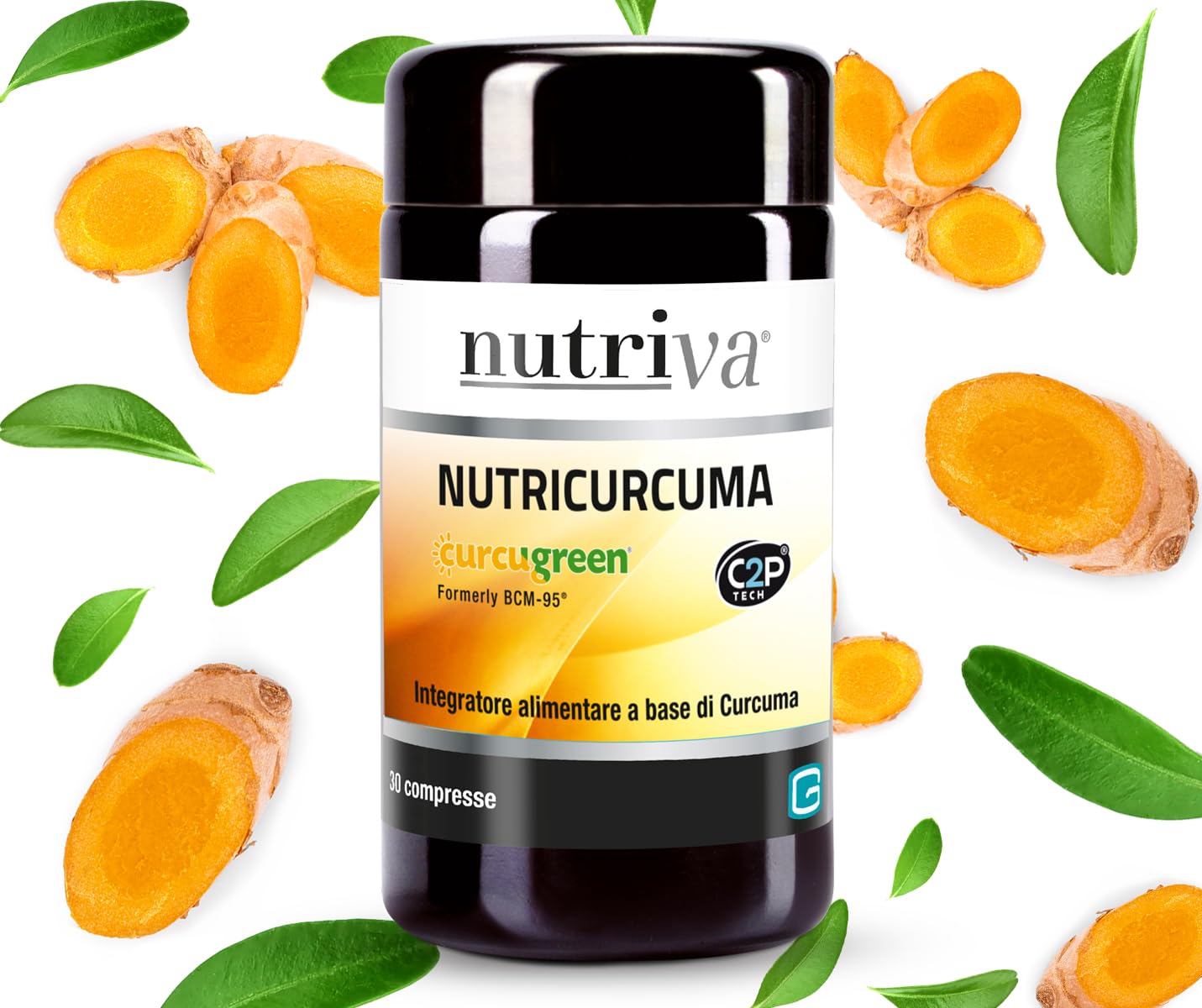 NUTRIVA Nutricurcuma, Integratore Alimentare a Base di Di Curcuma Brevettata Curcugreen, 475mg di Curcuminoidi per Compressa, Adatto Ai Vegani, 30 Compresse