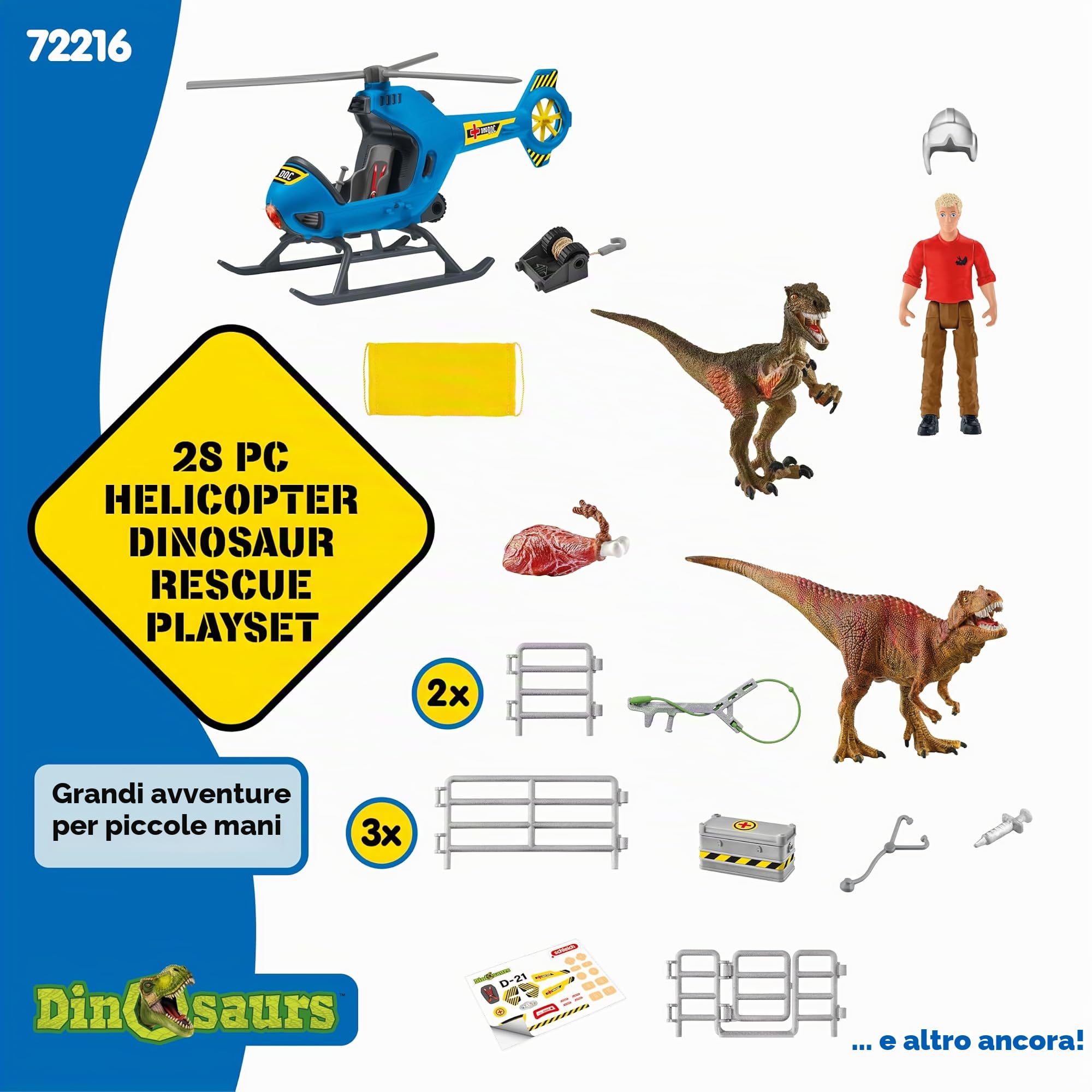 Schleich DINOSAURS | Salvataggio dei dinosauri in elicottero 72216 | Set con elicottero, Flynn, 2 dinosauri & accessori | Regalo per bambini | Giocattolo dai 5 anni | 28 pezzi | esclusiva Amazon