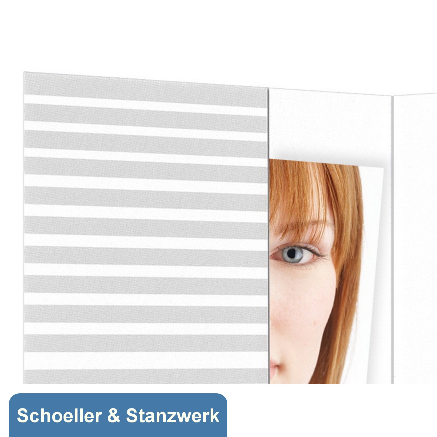 Schoeller & Stanzwerk© - 100 Stück Passbildmappen für Passfotos 4,5x6 cm ohne Passepartout mit Tasche weiß mit grauen Streifen