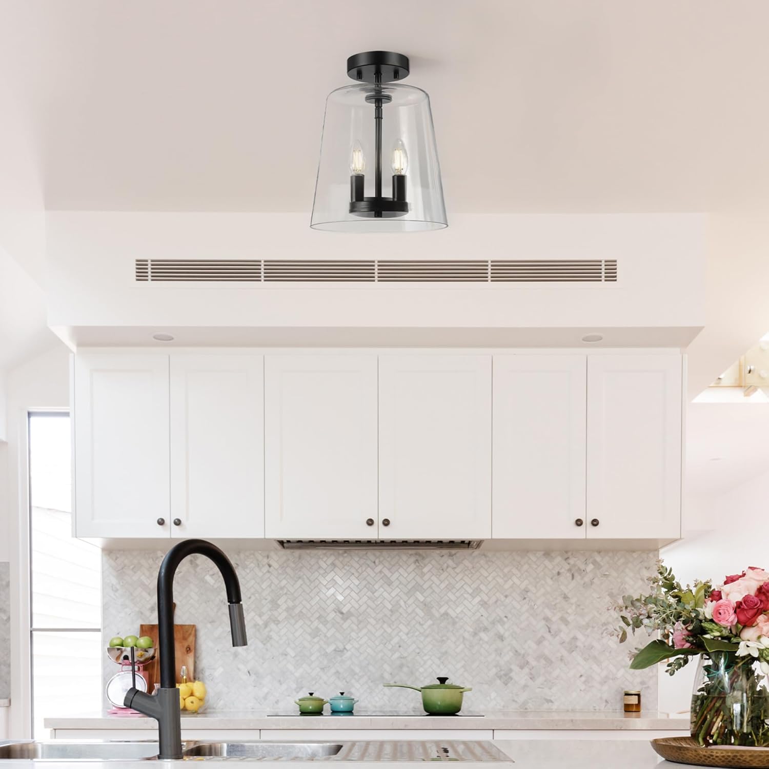 Matte Black and Clear Glass Semi-Flush Mount Ceiling Light