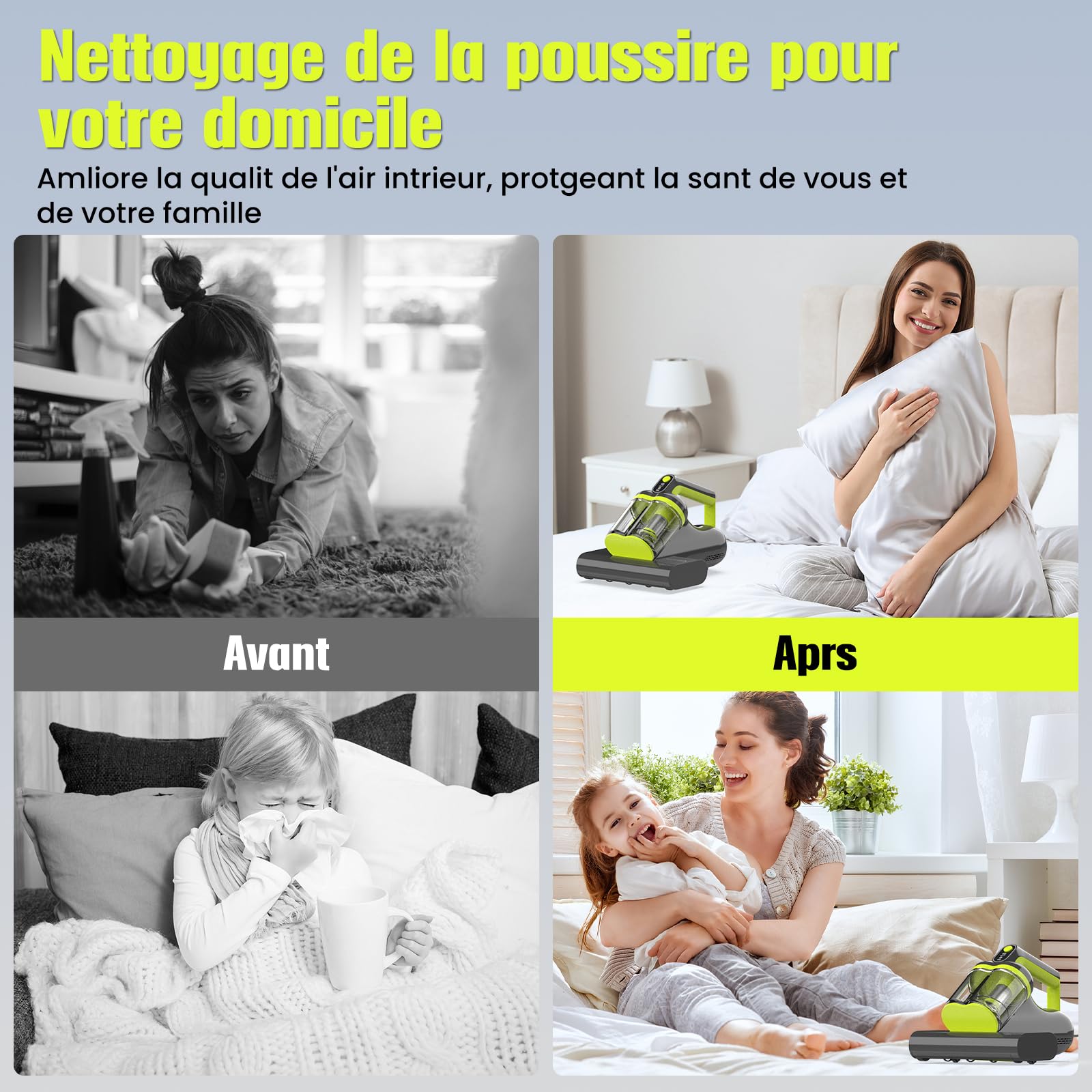 Aspirateur Matelas Aspirateur Anti Acariens - 16kPa Aspirateur à Main avec Lumière UV-C Chauffage Fonction Filtre HEPA Antibactérien Puissance d'aspiration pour Matelas,Textiles,Meubles de Canapé