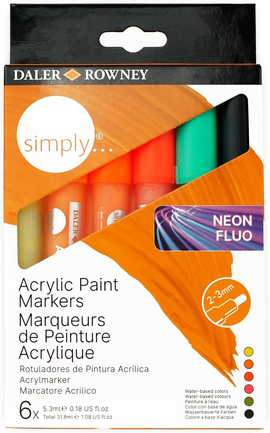 Daler-Rowney Simply Acrylic Marker Pen Set, 6 Assorted Pastel Colours, Multi-Surface, Water-Based, 2-3mm Tip, Ideal for Entry-Level Artists & Hobbyists