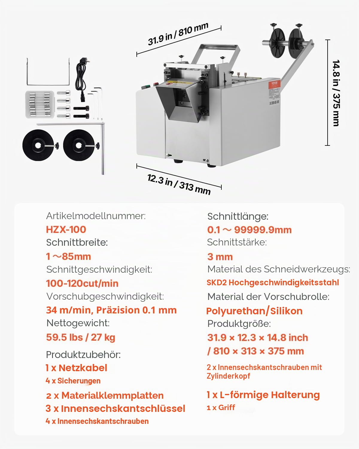 VEVOR Automatischer Schrumpfschlauchschneider, Kabelrohrschneidemaschine mit 1–85 mm Schnittbreite, 0,1–99999,9 mm Länge, Rohrschneider für Schrumpfschläuche, Fiberglasrohre, Kabel, Wachsschläuche