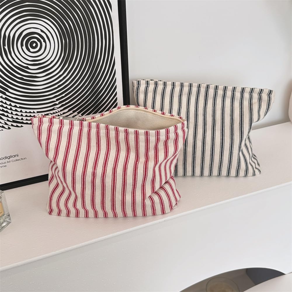 PAZIMIIK Make-up-Tasche mit Blumenmuster, Baumwolle, Reißverschluss, für Geldbörse, Reisen, Leinen, Make-up-Organizer für Damen, Kosmetik, Vintage-Stil, gestreift, Rot, Vintage Stripe Red, 10x7inch