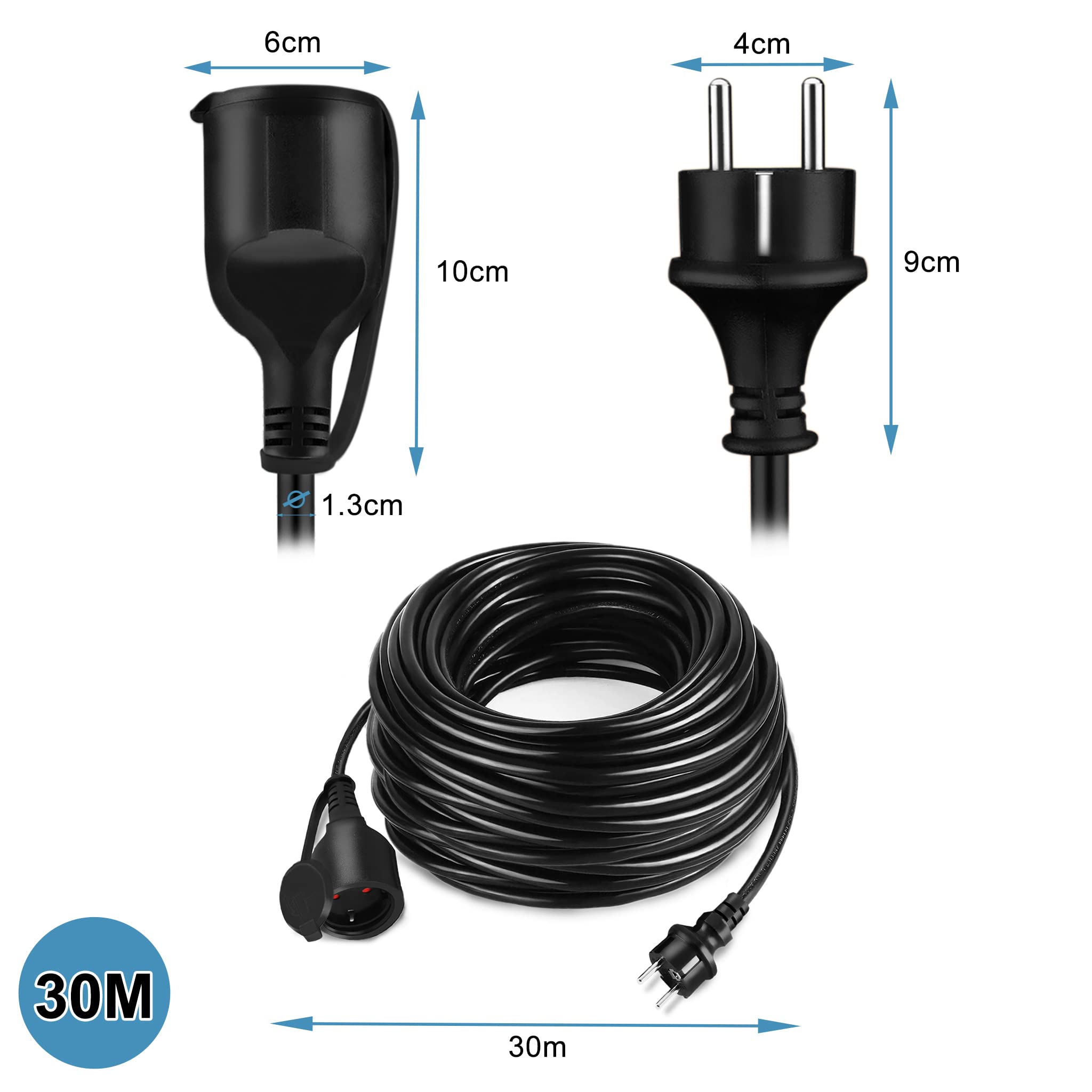 FIVMEN Cavo di prolunga 30 m con tappo di protezione, prolunga cavo di prolunga 230 V, impermeabile, IP44, per interni ed esterni