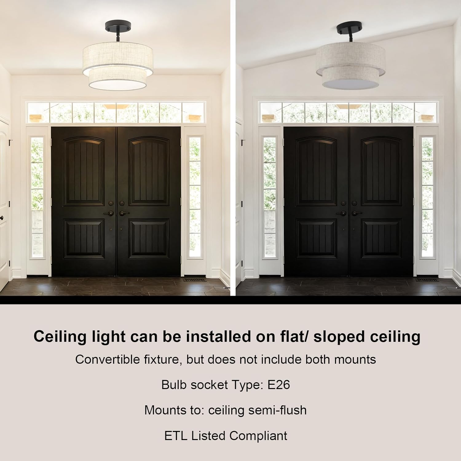 3-Light Semi Flush Mount Ceiling Light, 12.6 Inch Drum Black Chandelier Fabric Metal Kitchen Light Fixture, Dimmable Dining Room Light Fixture E26 Base Chandeliers for Living Room Bedroom