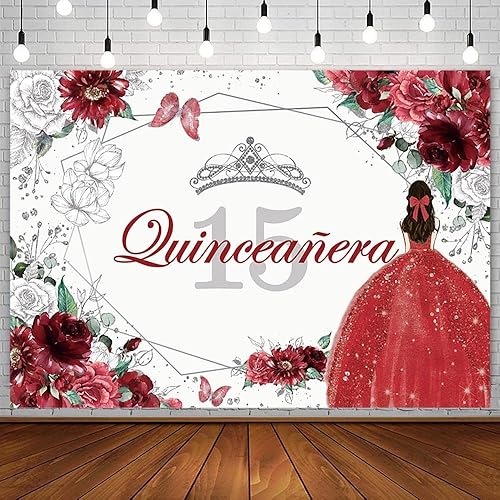 Sendy SENDY - Telón de fondo de quinceañera para cumpleaños de quinceañera de 7 x 5 pies para fiesta de Dulce Girl Mis Quince Anos, color rojo y