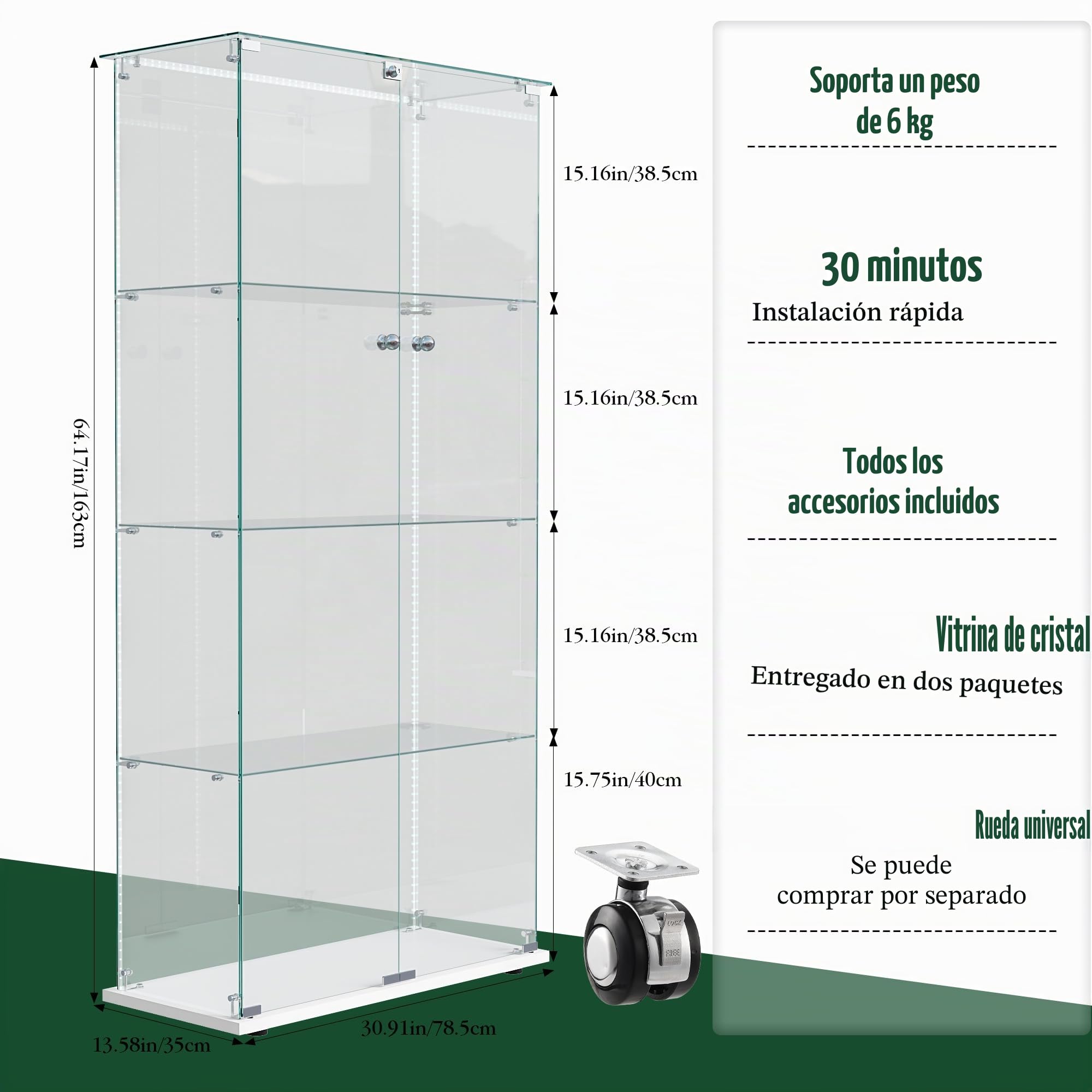 Vitrina de Cristal con LED y Cerradura, Armario Vitrina 78,5 x 35 x 163 cm, Vitrinas de Exposición de 4 Niveles con Estantes Regulables, Mueble Vitrina para Salón, Oficina, Figuras y Libros,Blanco-D