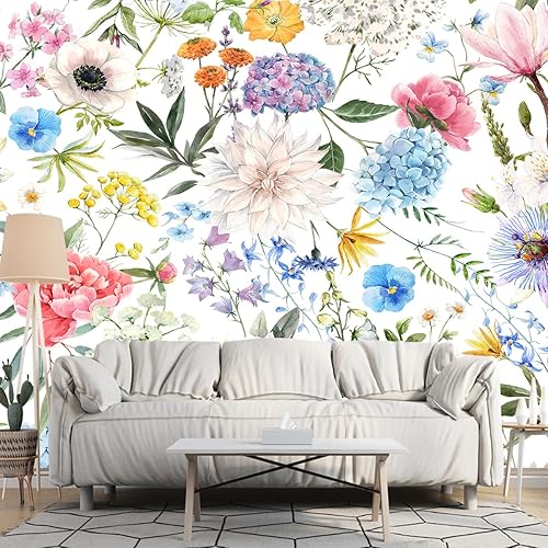 Miniatura 2 de Papel tapiz floral de acuarela, hortensias florecientes, anémonas, peonía, lila, para dormitorio, sala de estar (no se pega ni se pega)