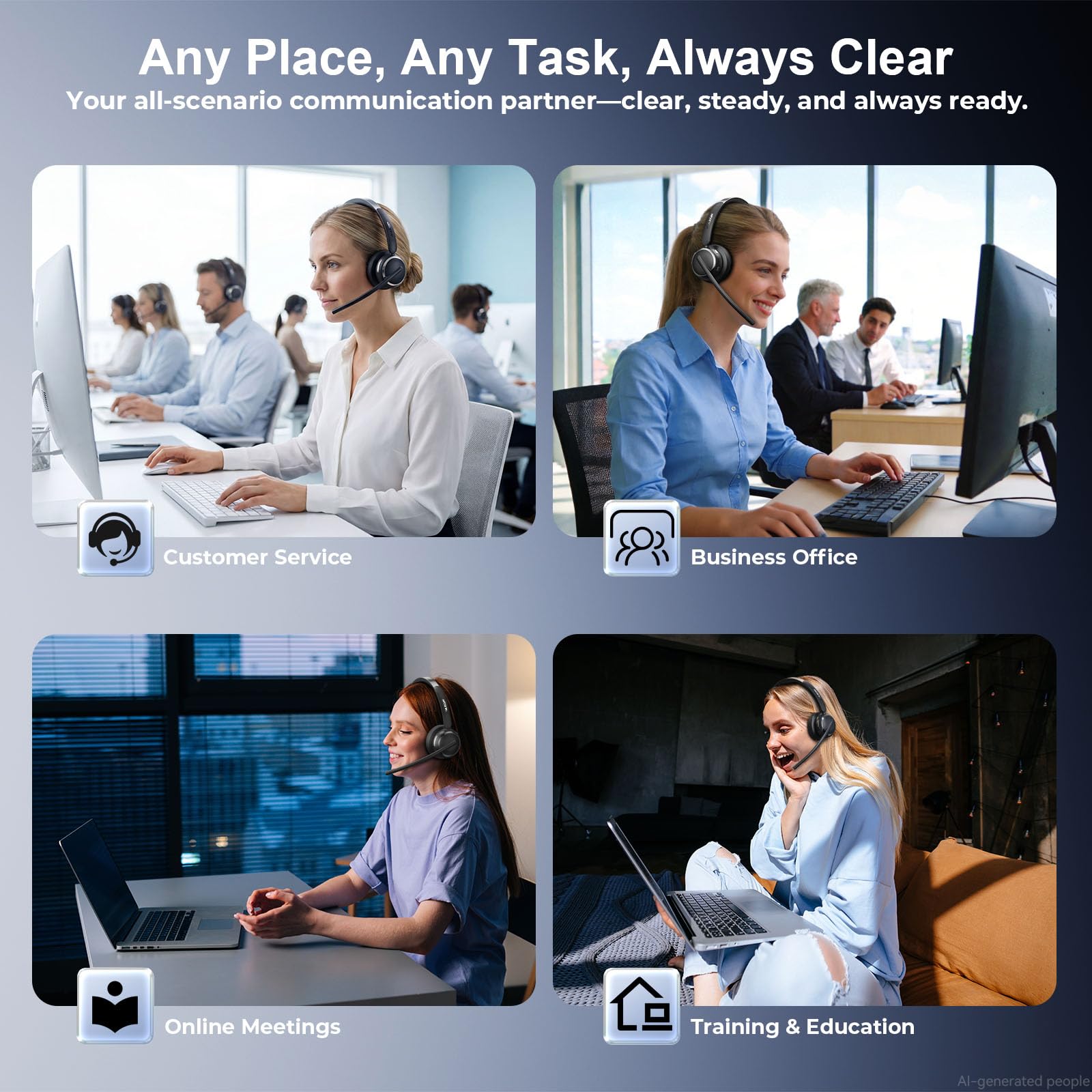 Cuffie wireless con microfono per lavoro, USB A/C, cuffie Bluetooth 6.0 con microfono AI con cancellazione del rumore, cuffie wireless con microfono mute e 65H, cuffie wireless per PC/computer/laptop