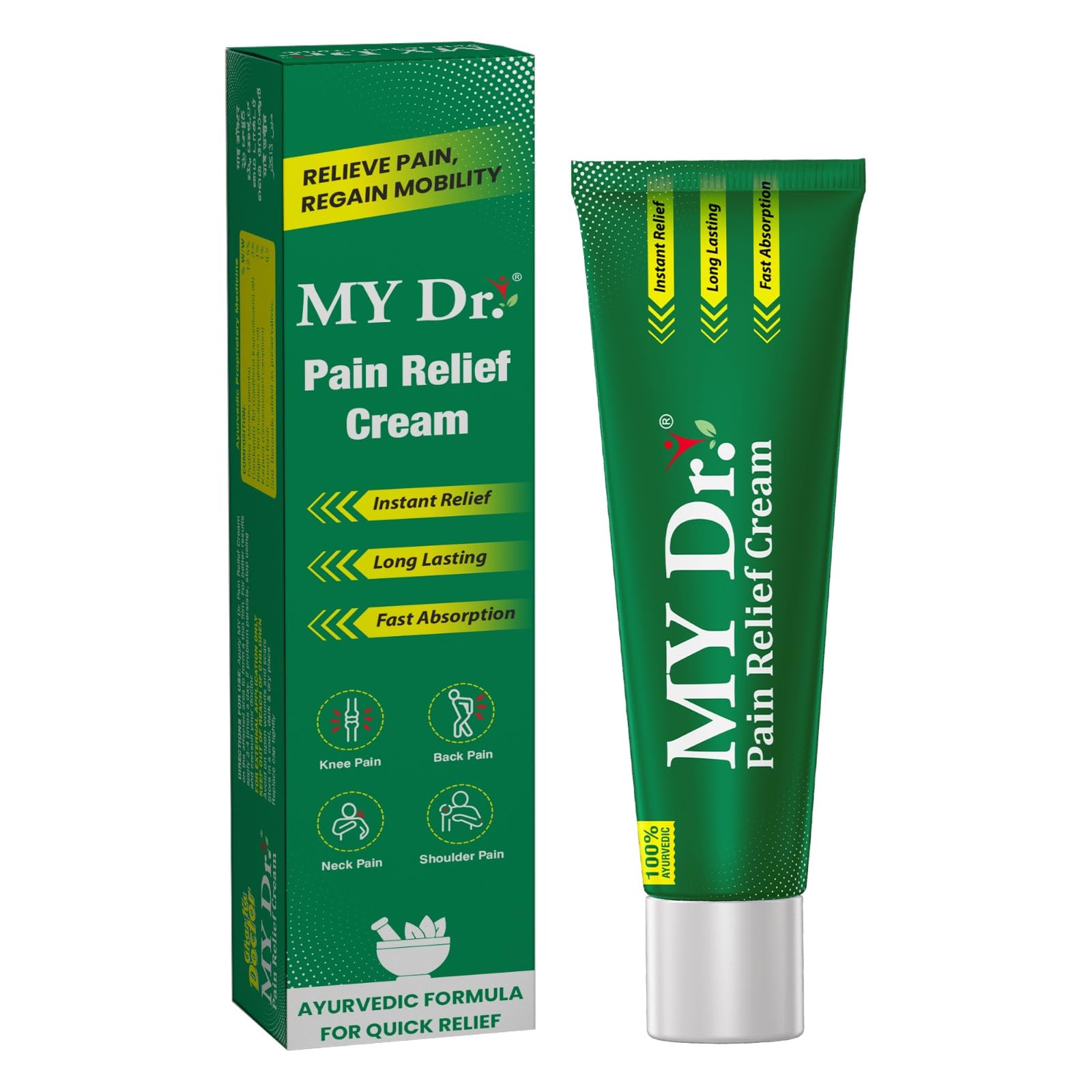 MY Dr. Pain Relief Cream | Instant Relief for Back, Knee, Neck, Shoulder & Muscle Pain |100% Ayurvedic, Non-Sticky, Fast Absorbing Pain Cream| Long-Lasting Comfort | 60g(50g+10g Free) (Pack of 1)