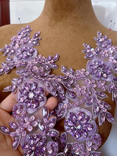 Vista 36 de 1 par de decoraciones de vestido de novia de 5.1 x 13.4 in, parches de encaje para coser con cuentas de diamantes de imitación sueltas, piedras