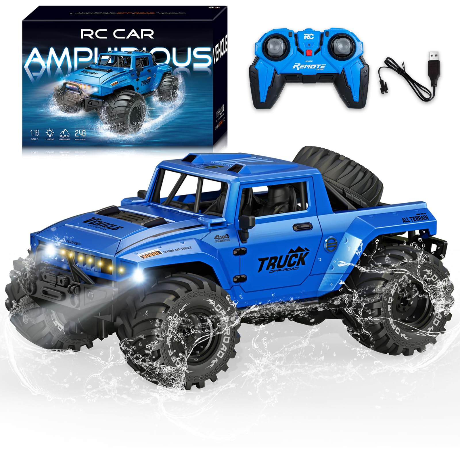 Auto radiocomandata, auto anfibio RC 1:16, camion mostro giocattolo impermeabile RC con zaino, veicolo di acrobazie tutto terreno con rotazione a 360° con luce LED, per bambini