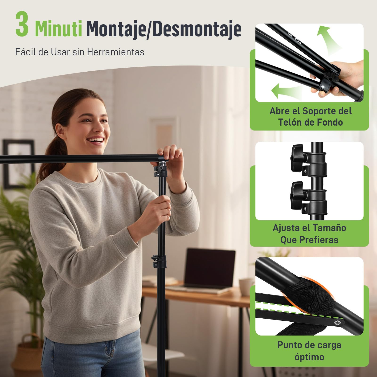 Soporte Fondo Fotográfico 3x2m – Kit Trípode Ajustable con Bolsa, Estructura Resistente para Photocall, Streaming, Croma, Bodas y Decoración de Fiestas