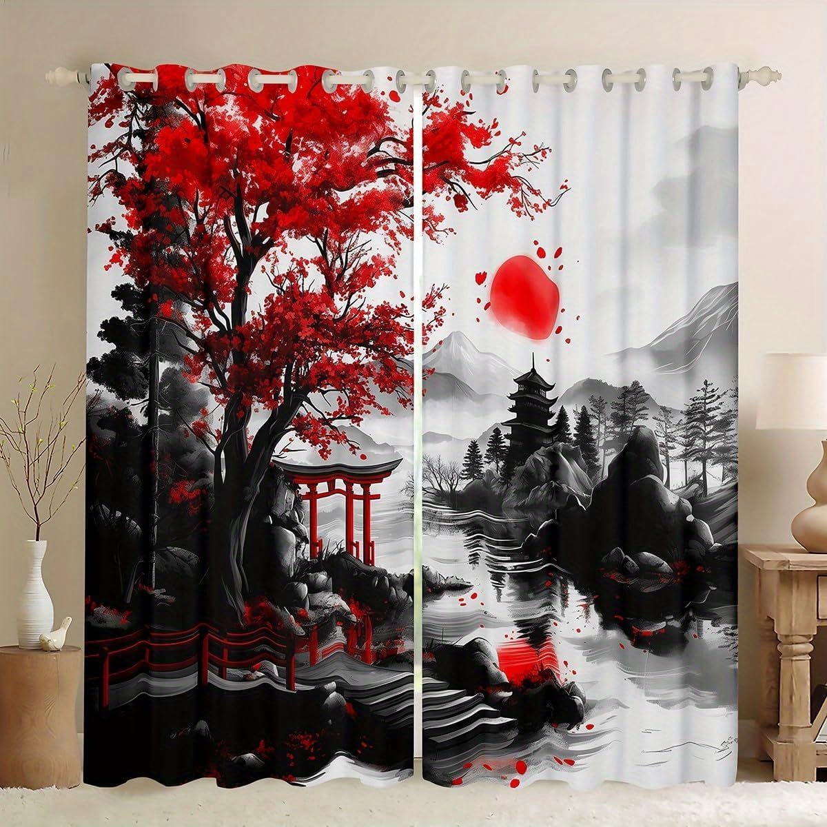 Cortinas de Estilo japonés con Estampado de Paisaje Natural, Opacas, para Sala de Estar o Dormitorio (An x Al:2x132 x 90 cm)
