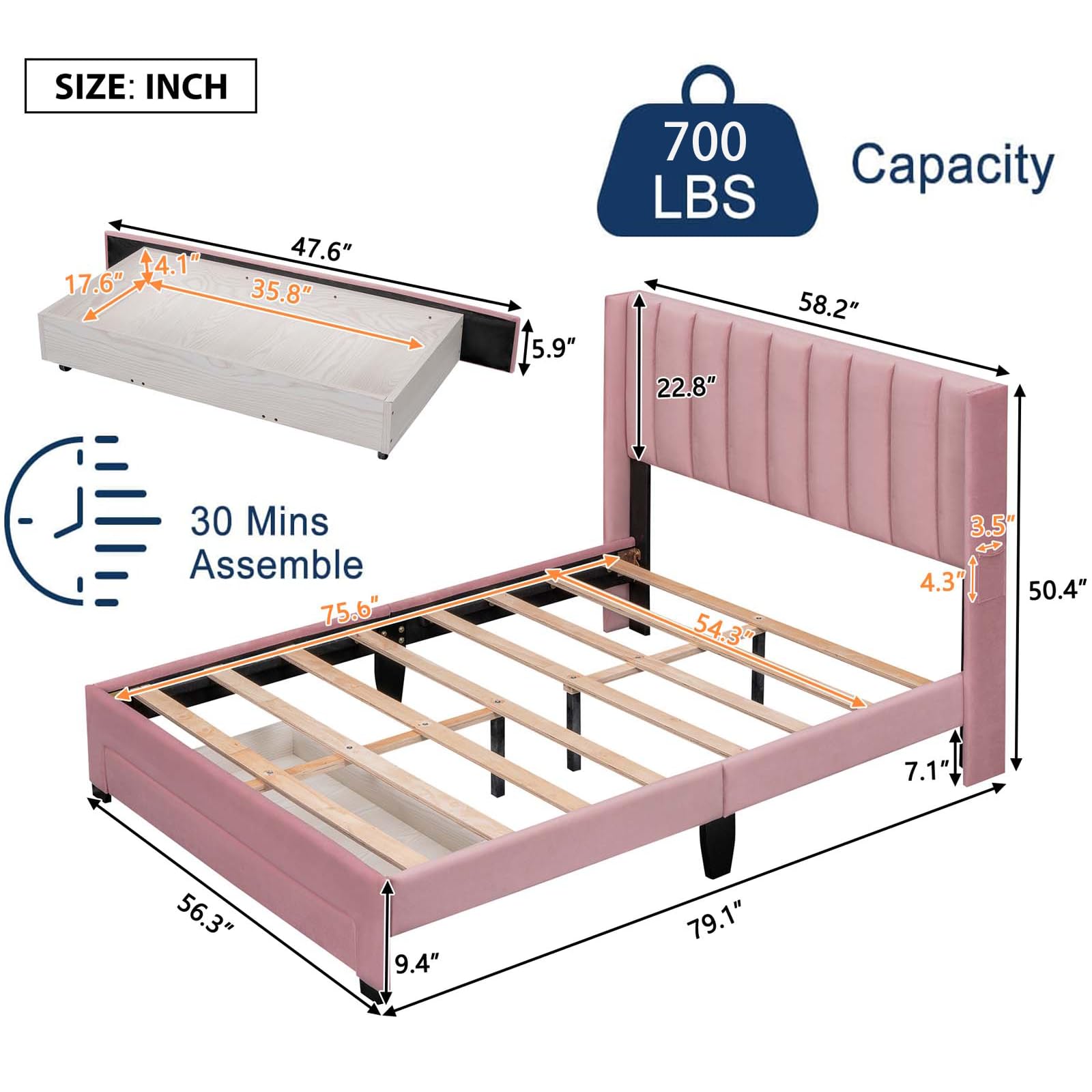 Amazon.com: Full Size Velvet Upholstered Platform Bed Frame