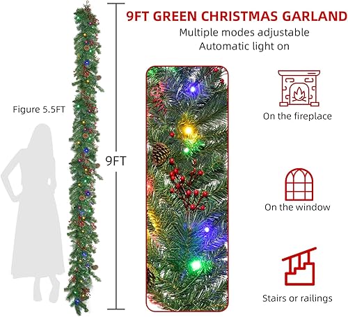 Miniatura 2 de Guirnalda de Navidad con luces de 9 pies, guirnalda de Navidad iluminada, funciona con pilas, 8 modos de iluminación, 50 luces LED, guirnalda de