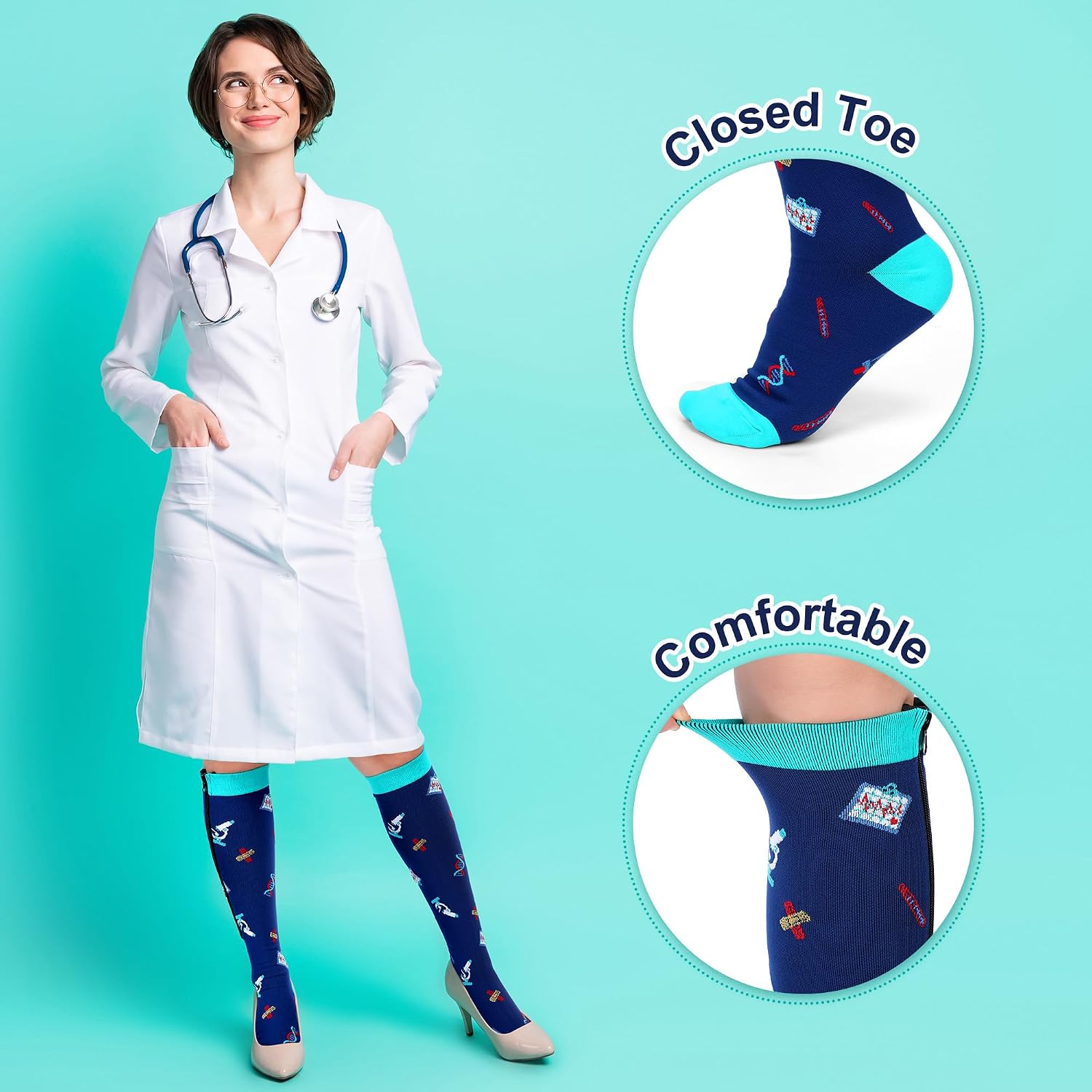 Toulite 4 Pairs Nurse Zipper Compression Socks 20-30 mmHg Closed Toe Zipper Stockings Funny Compression Socks for Women Doctor Pregnant Nurse Day Gift, L/XL