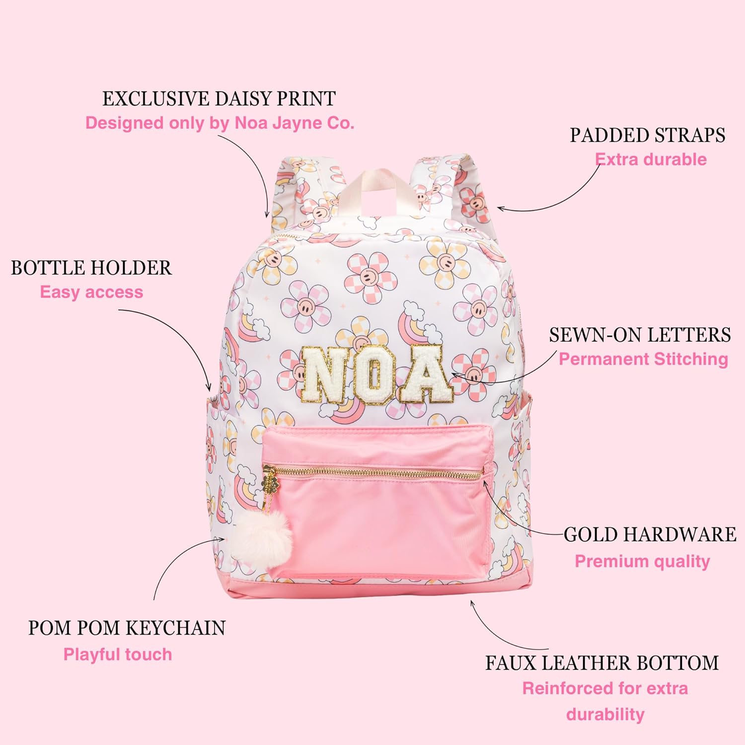 Noa Jayne Co. Personalized Daisy 16" Backpack for Elementary Girls Ages 5-8 – Custom Name School Bookbag with Sewn-On Chenille Letter Patches, Pom Pom Keychain, Easy-Clean Fabric & Faux Leather Bottom