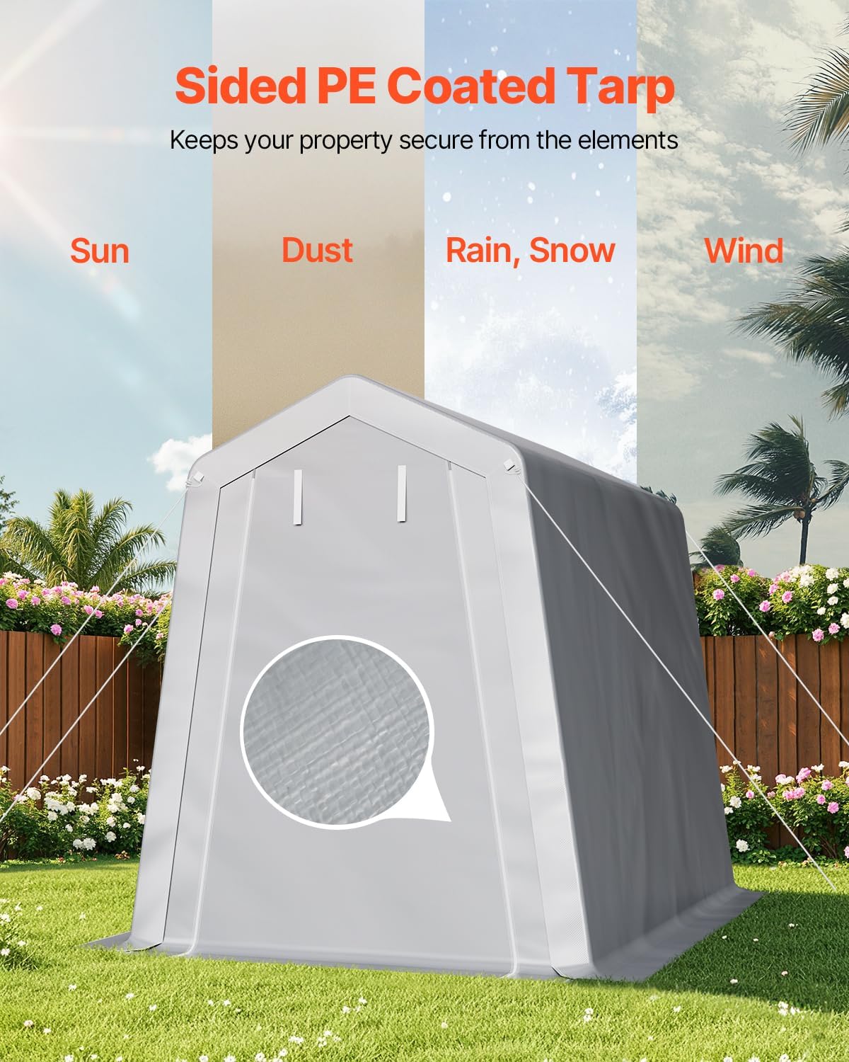 VEVOR 6x8x7 FT Heavy-Duty Portable Outdoor Storage Shed Tent, Waterproof Carport Garage Shelter with Roll-Up Zipper Door & Vents, UV-Resistant Canopy for Motorcycle, Bike, Lawn Mower, Tools, Gray - Image 3