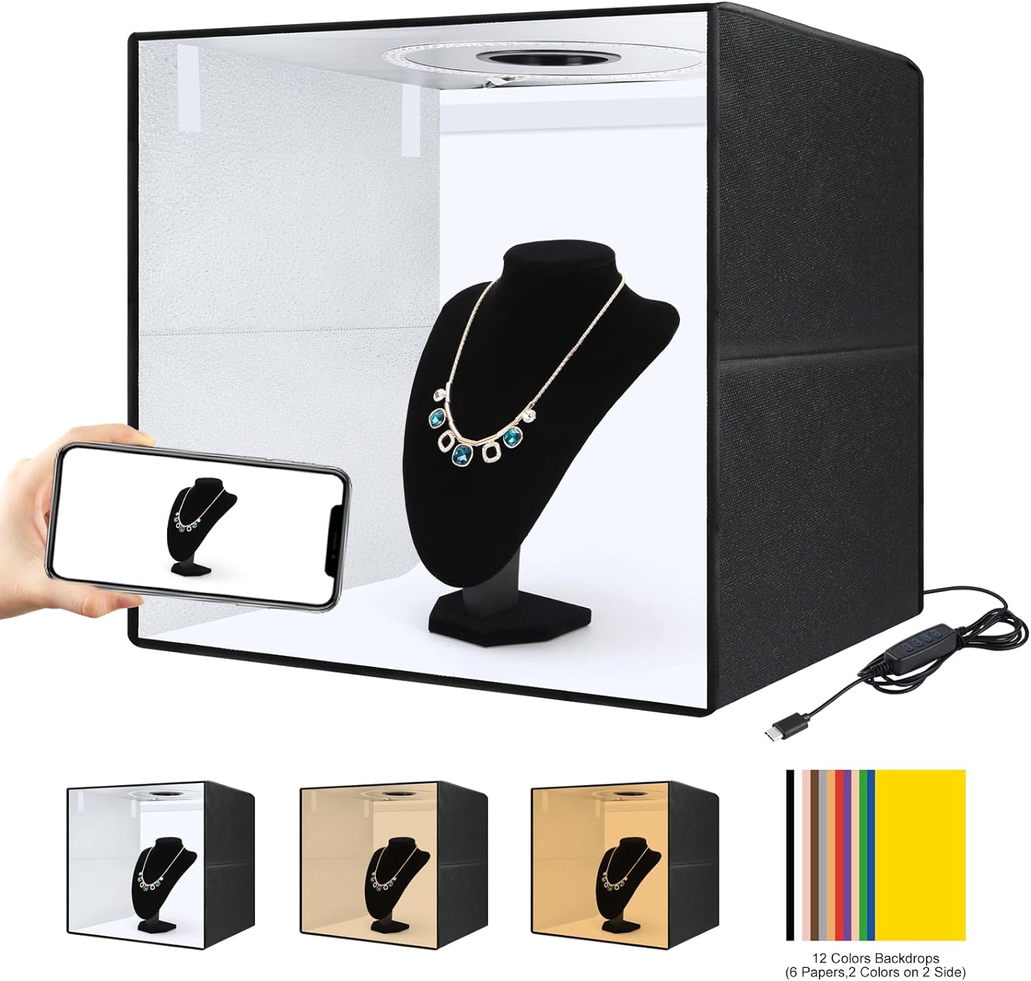 Photo Box 20" x 20" Portable 20W PD Type-C Ring Light Studio Box Quick Install Foldable Portable Studio Kit 12 Color Backgrounds Photography Equipment High CRI Color Temperature 3 Color Temperature 20 x 20 inch