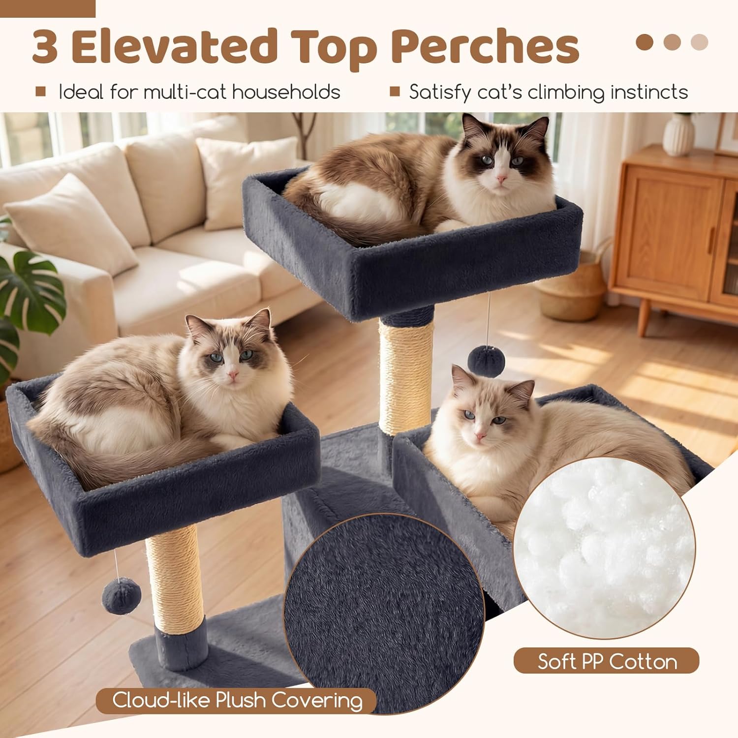 DORTALA Multi-Level Cat Tree, 65" Tall Cat Tower with 3 Plush Perch, 2 Condos, Basket Bed, Sisal Scratching Posts & Board, Hanging Pompoms, Indoor Pet Climbing Furniture (Dark Grey)