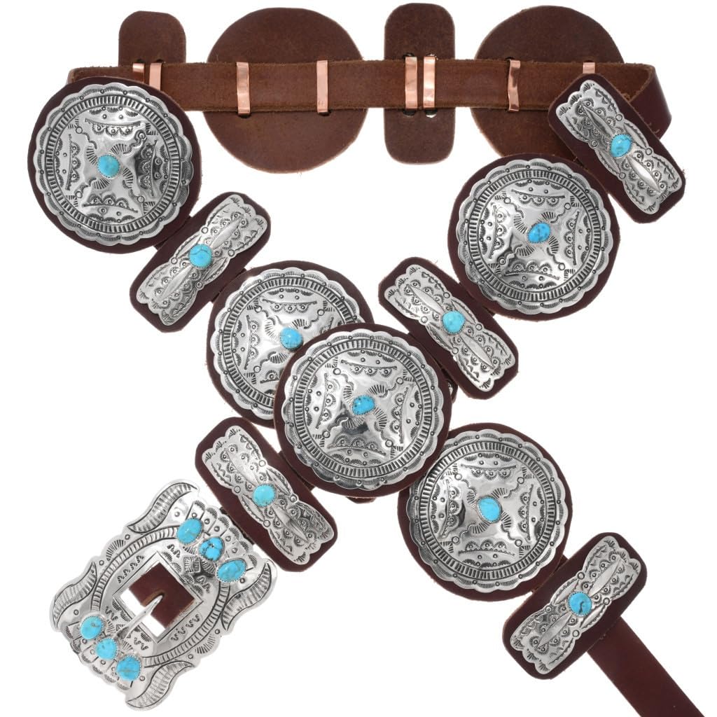 Alltribes Navajo Turquoise Silver Concho Belt Traditional Hammered Patterns on Custom Sized Genuine Leather 0011