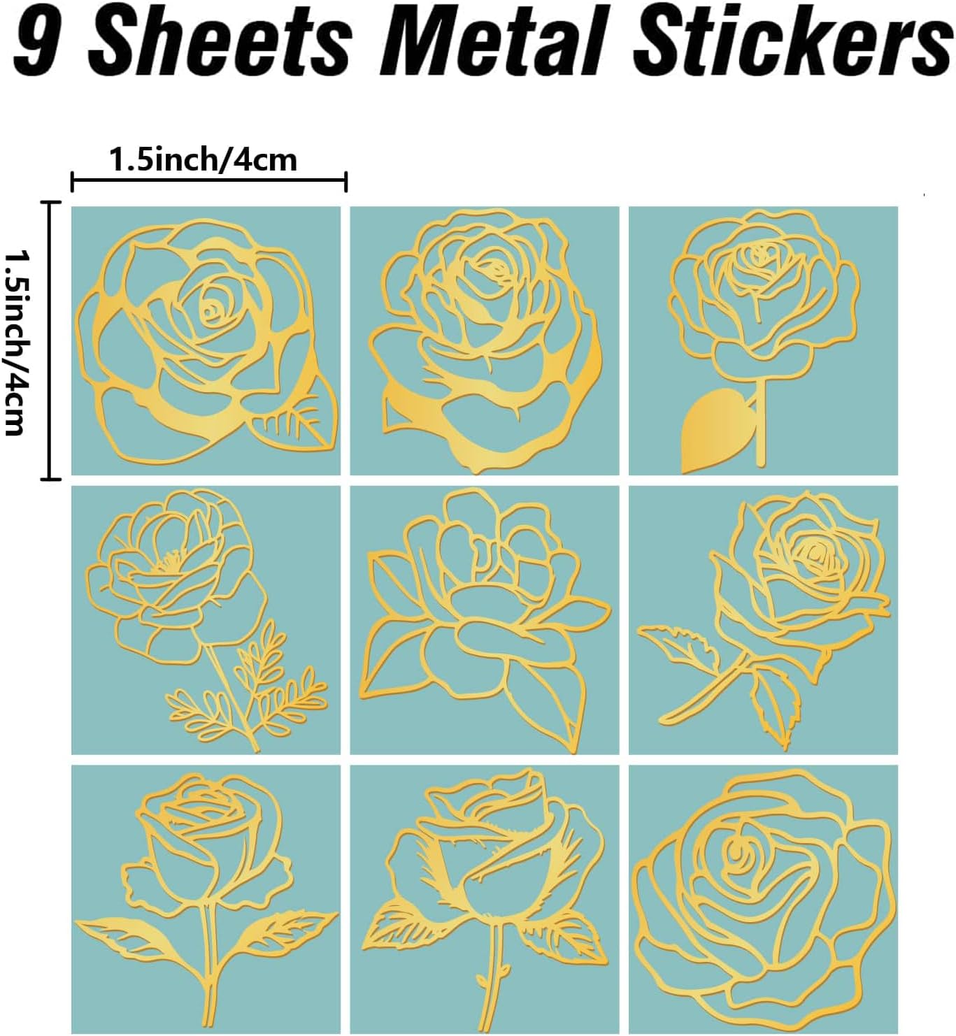 CRASPIRE 9Pcs June Rose Gold Metal Stickers 1.5 x 1.5in Decal Valentine's Day Waterproof Self-Adhesive Decorate Sticker Decals for Scrapbooks DIY Resin Crafts Phone Card Making