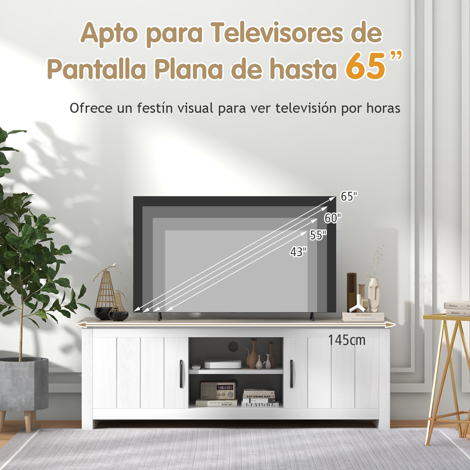 GYMAX Mueble TV de hasta 65 Pulgadas, Mesa Television de Madera con 2 Armarios y Estantes Abiertos, Mueble Bajo TV con Puertas para Salón y Dormitorio, 145 x 40 x 50 cm(Blanco+Marrón)
