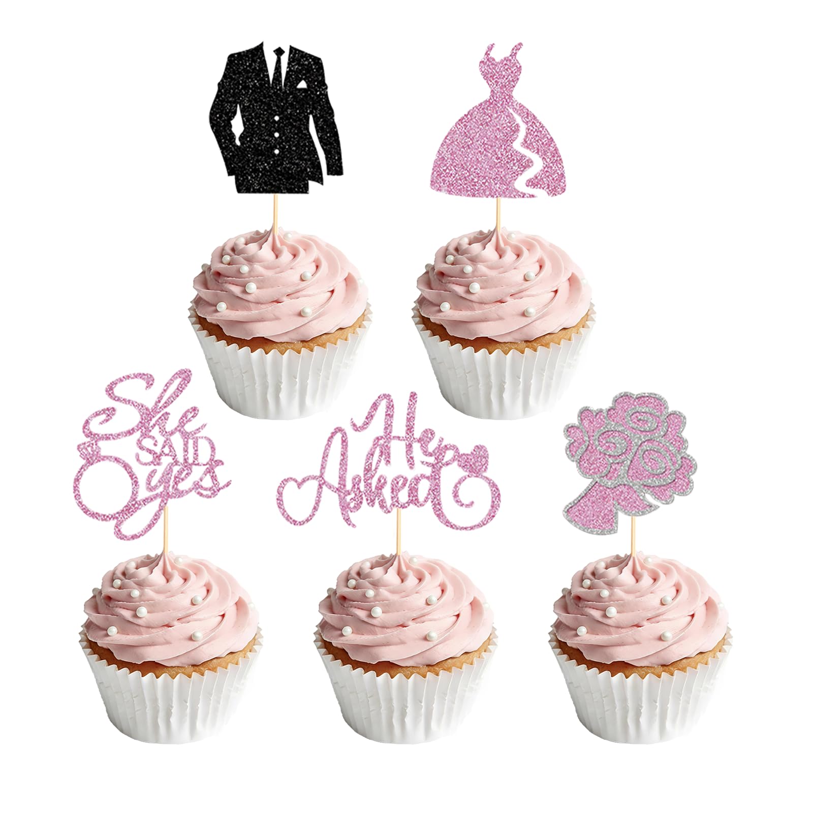 30Pcs He Asked She Said Yes Cupcake Toppers Wedding Dress Diamond Ring Rose Flower Cake Toppers Decorations for Wedding Engagement Party Bridal Shower Supplies Pink