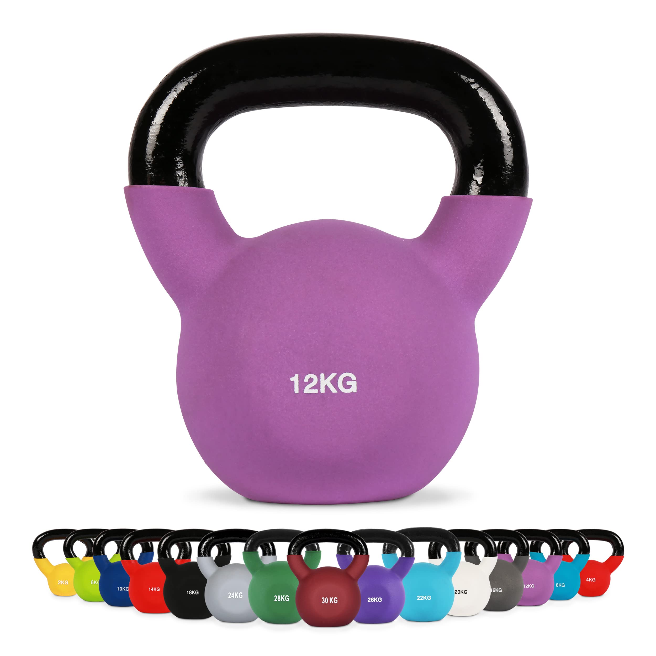 MSPORTS profesjonalne, neoprenowe hantle kettlebell, 2-30 kg, w zestawie Plakat z ćwiczeniami, hantle kettlebell 12 Kg - Lila