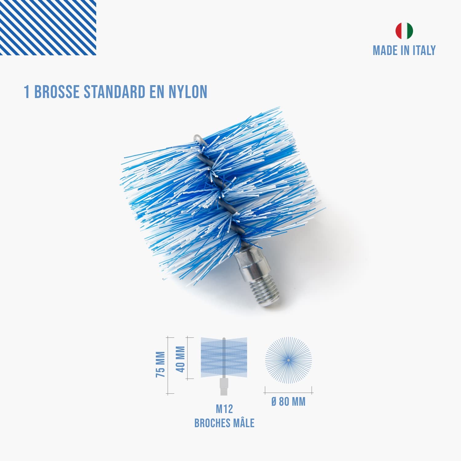 BARETTO | Kit de ramonage poêle à granulés | Conduit de fumée Ø 80 mm | Longueur 3 m | Hérisson en Nylon | Raccord M12 - 4