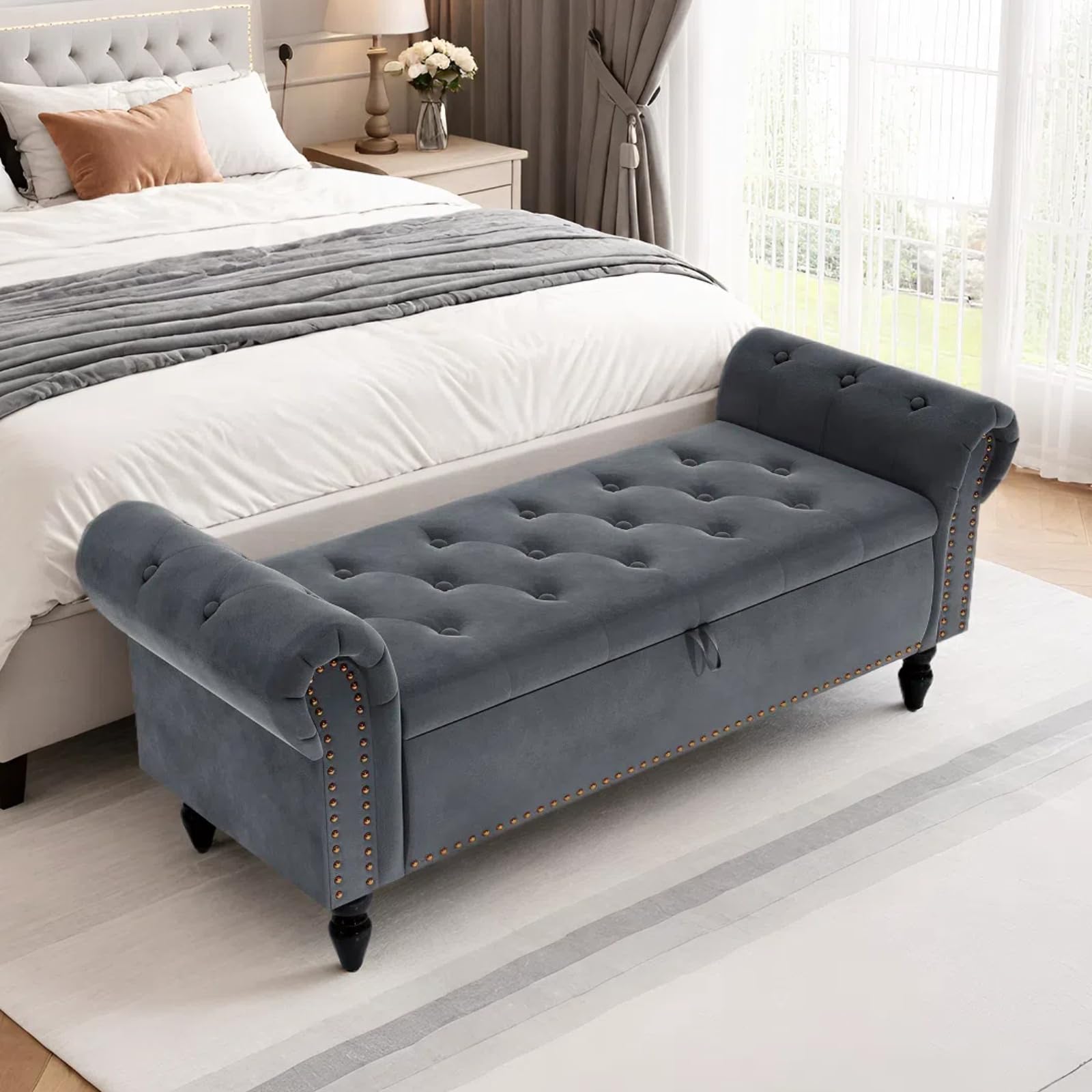 Clevich Sitzbank mit Stauraum 133cm, Samtmaterial, Umdrehen Mit Booster-Gasstange, Fußstütze mit stabilen Holzbeinen, Sofabank fur Flur, Schlafzimmer, Wohnzimmer, 133x53x46 cm, Grau