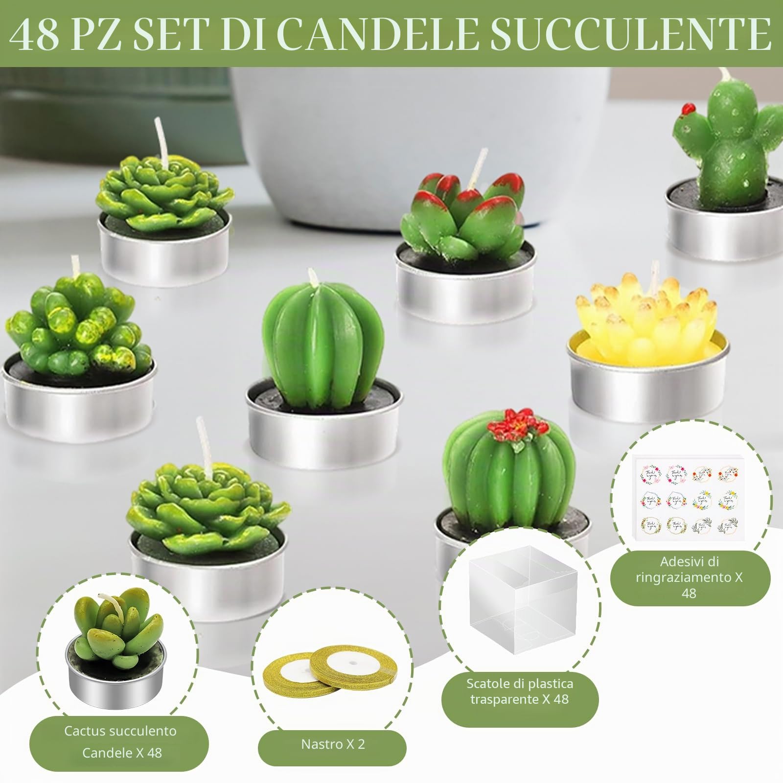AZEAM 48 pz Candele Succulente per Feste, Decorazione da Tavolo a Forma di Cactus per gli Ospiti, Mini Piccole Tealight Fatte a Mano Set di Decorazioni per Baby Shower, Premi, Giochi, Matrimoni