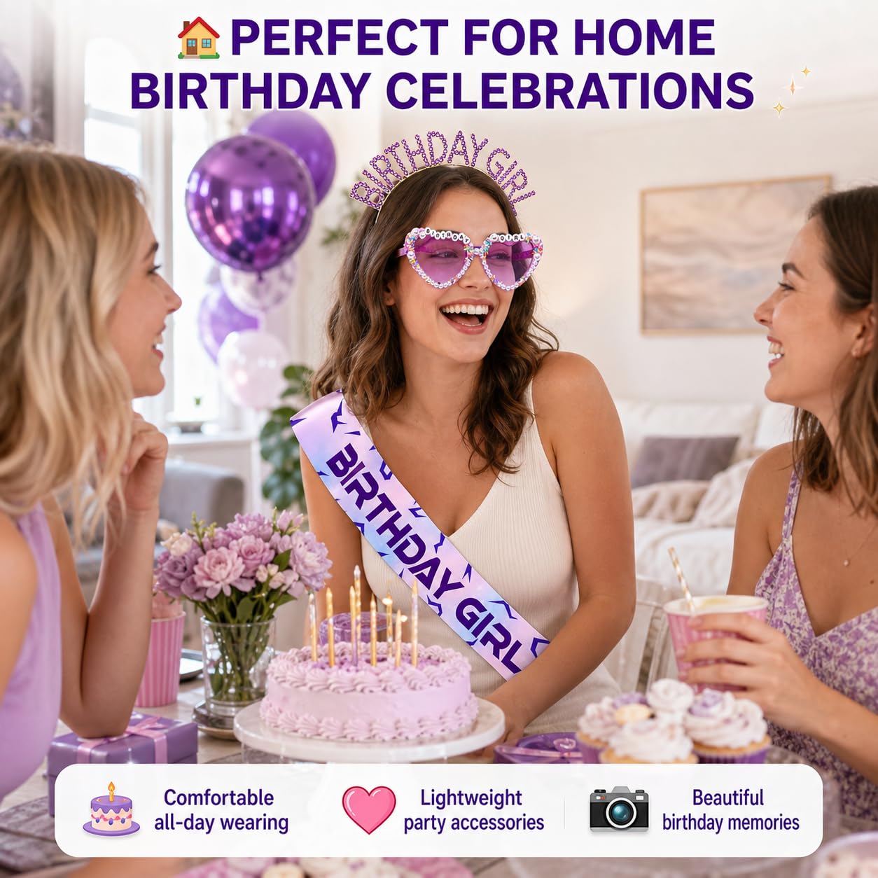 Kit di accessori per compleanno, fascia e accessori per foto per incontri | Fascia viola di compleanno, occhiali da sole e fascia con cuore perlato, accessori per compleanno in stile K