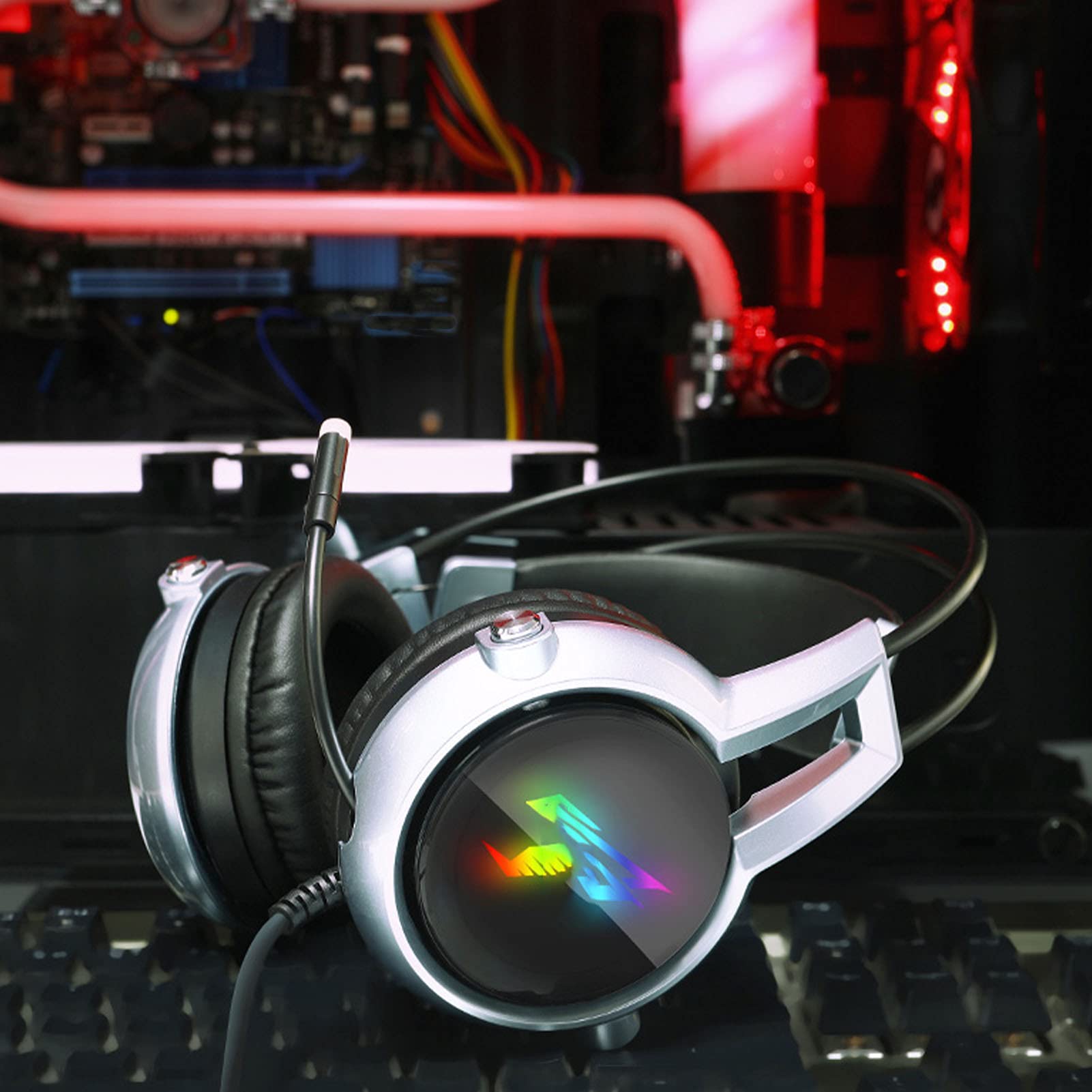 Wielokanałowy Zestaw Słuchawkowy do Gier z Basami Stereo i Dźwiękiem Przestrzennym RGB z Mikrofonem dla Graczy PC Mikrofon Dookólny (Niebieski)