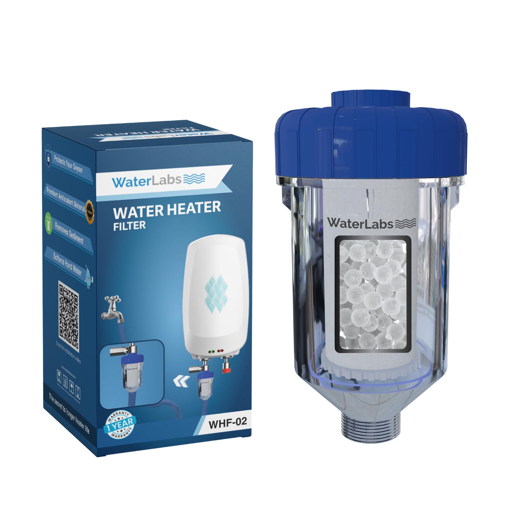 WaterLabs Geyser Filter for Hard Water Bathroom | Softener for Limescale, Sediment and Rust Protection | Universal Fit | DIY Install - WHF-02