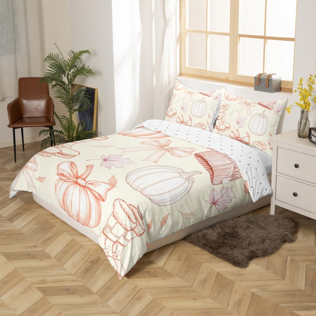 Homewish Bow Super King poszewka na kołdrę dynia zestaw pościeli kokarda liście klonu kapelusz but beżowy pomarańczowy poszewka na kołdrę dziewczyny kobiety dzieci ciepłe miękkie zestawy pościeli