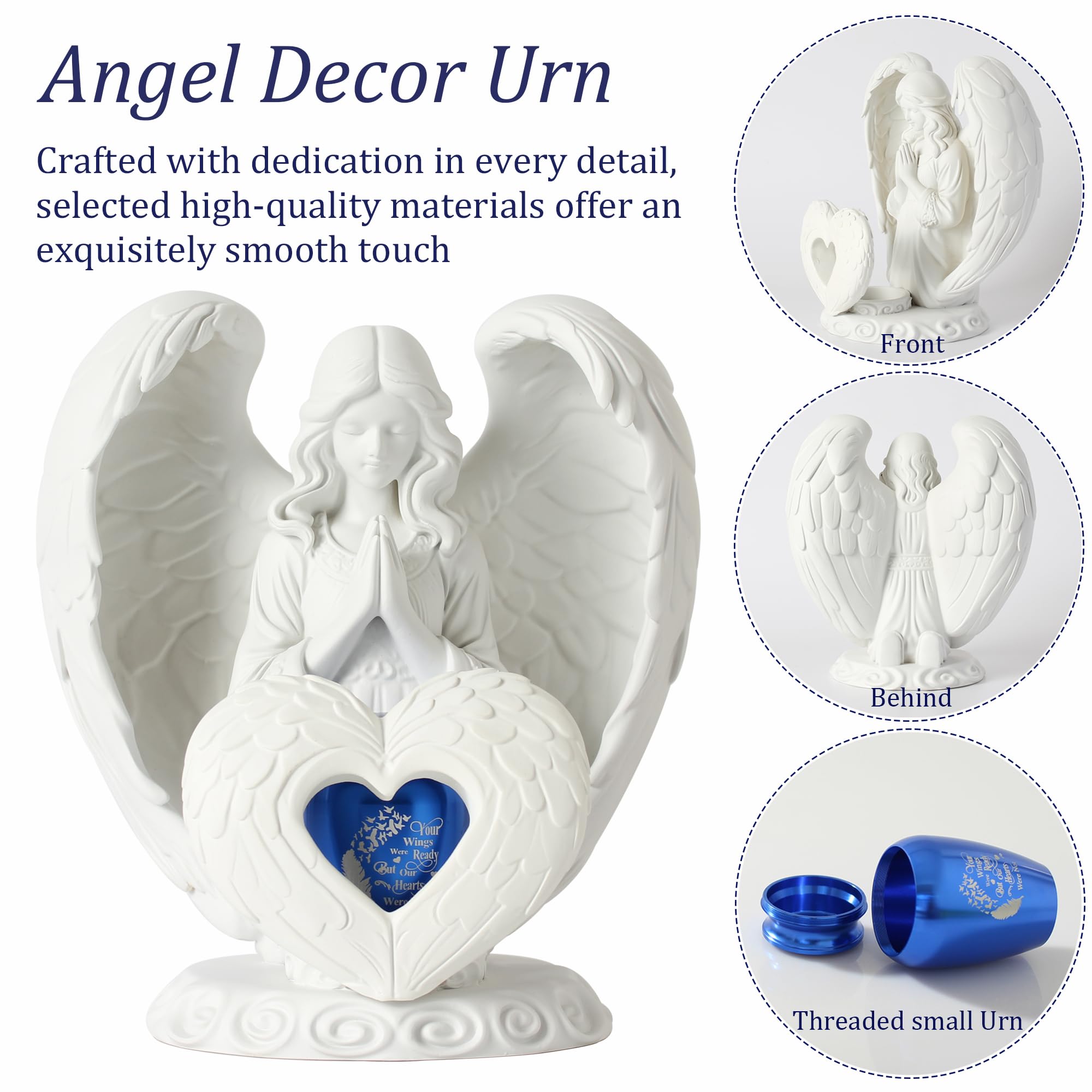 Contid - Urna per ceneri di piccole dimensioni, a forma di angelo di preghiera, mini urna per ceneri umane, mamma, papà, animale domestico, cane, gatto, in resina, con piccola urna in alluminio blu