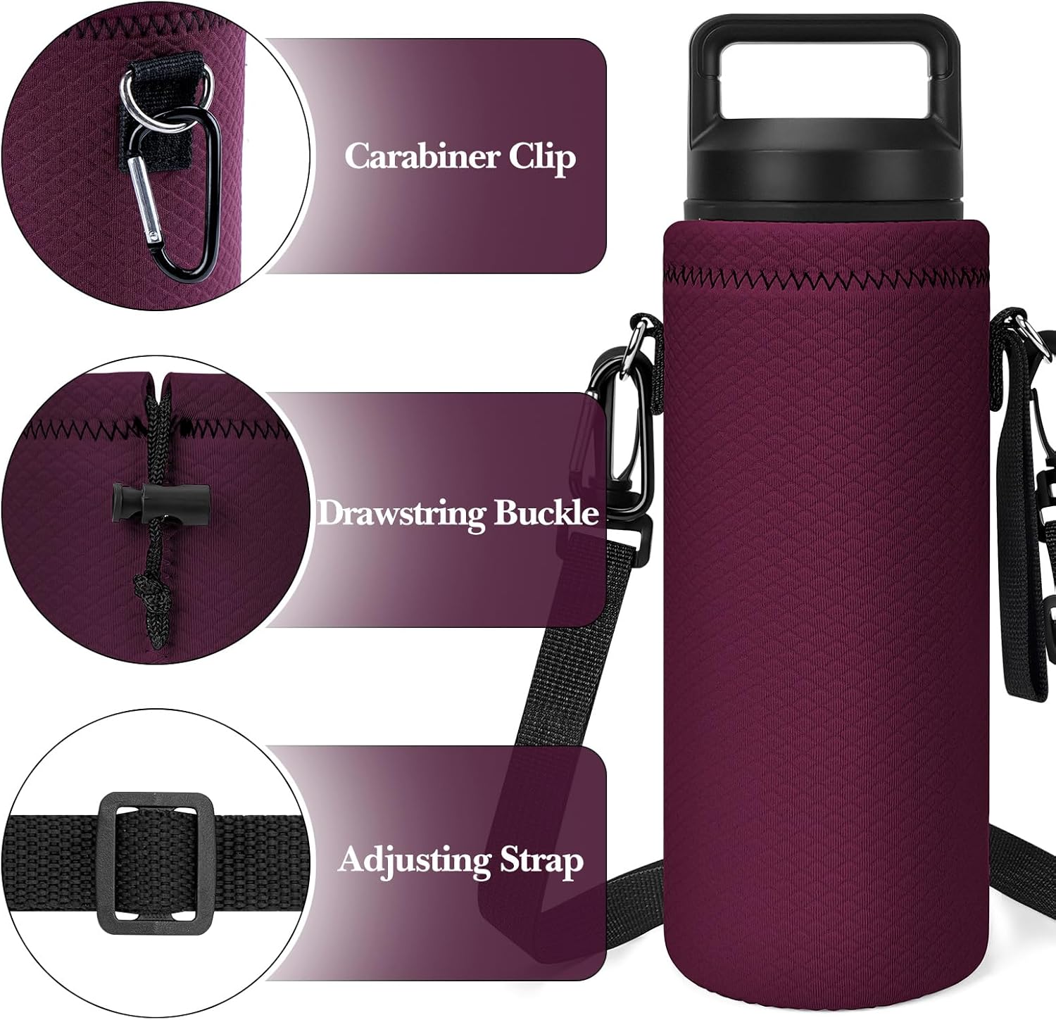 Linkidea Neoprene Water Bottle Carrier with Strap Compatible with YETI Rambler Bottle 18oz/26oz, Yonder 25oz, Insulated Waterbottle Sling Bag with Shoulder Strap, Wine Red - Image 4