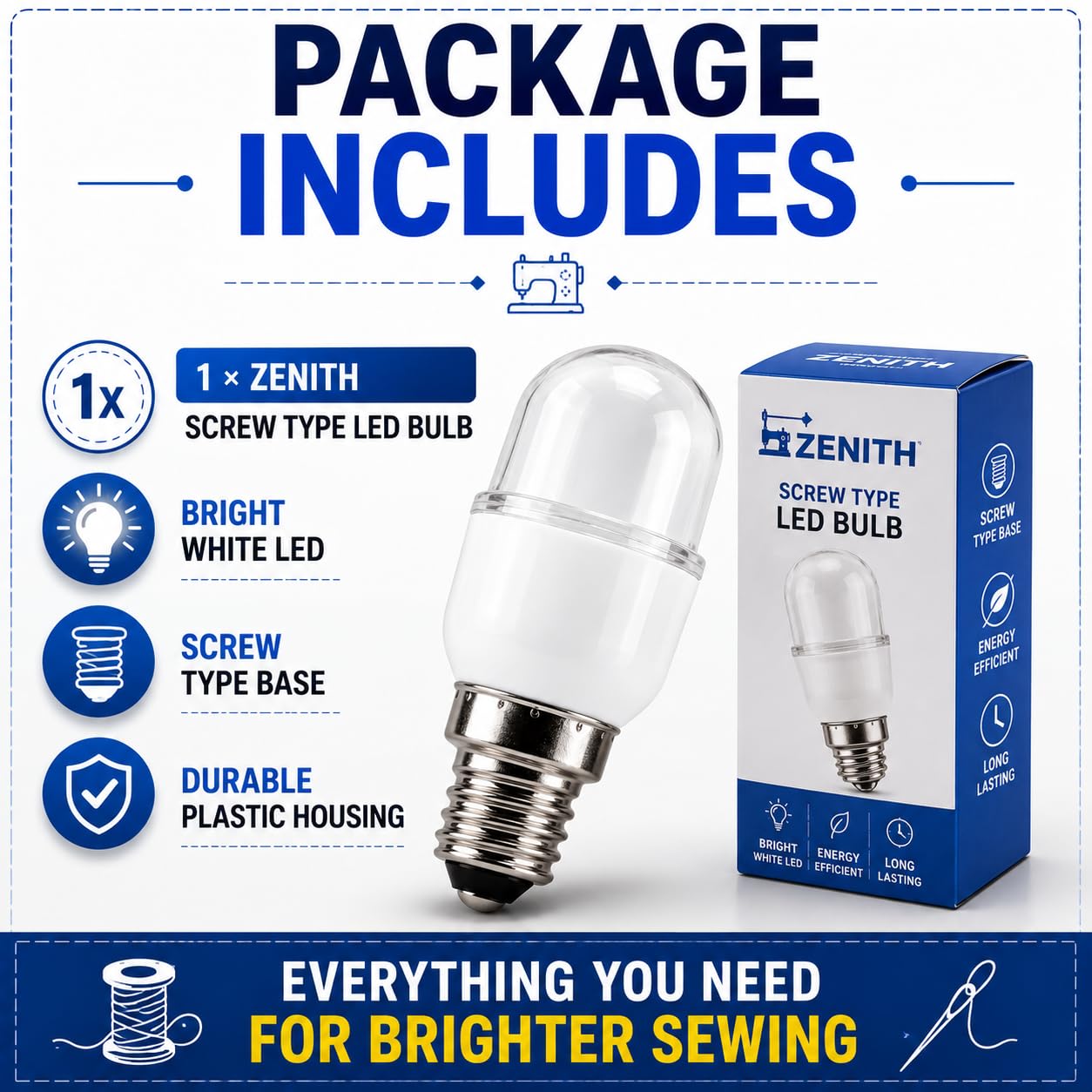 ZENITH Screw Type LED Bulb Suitable for Singer Domestic Front Loading Electric Embroidery Sewing Machines (Screw Type LED Suitable Singer), 1 Pc Black Color Plastic — Amazon image 8