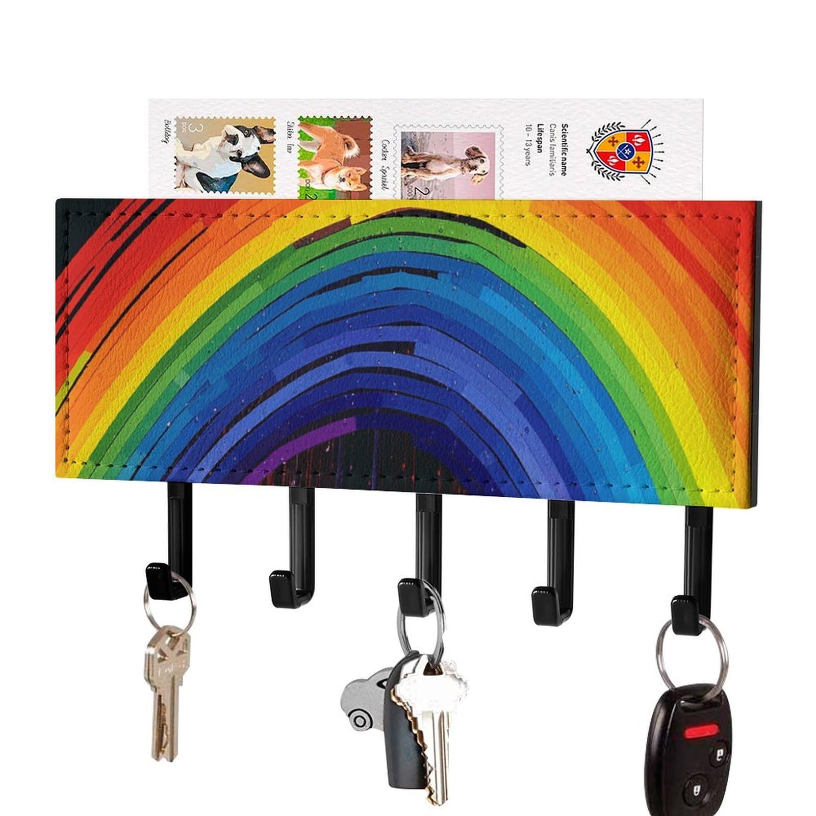 Fekiloot Black Rainbow Key Holder For Wall Adhesive, No Drilling, Key Hooks With 5 Hooks Wall Mounted, Self Adhesive Keys Rack For Entryway, Hallway, Living Room, Kitchen, Office