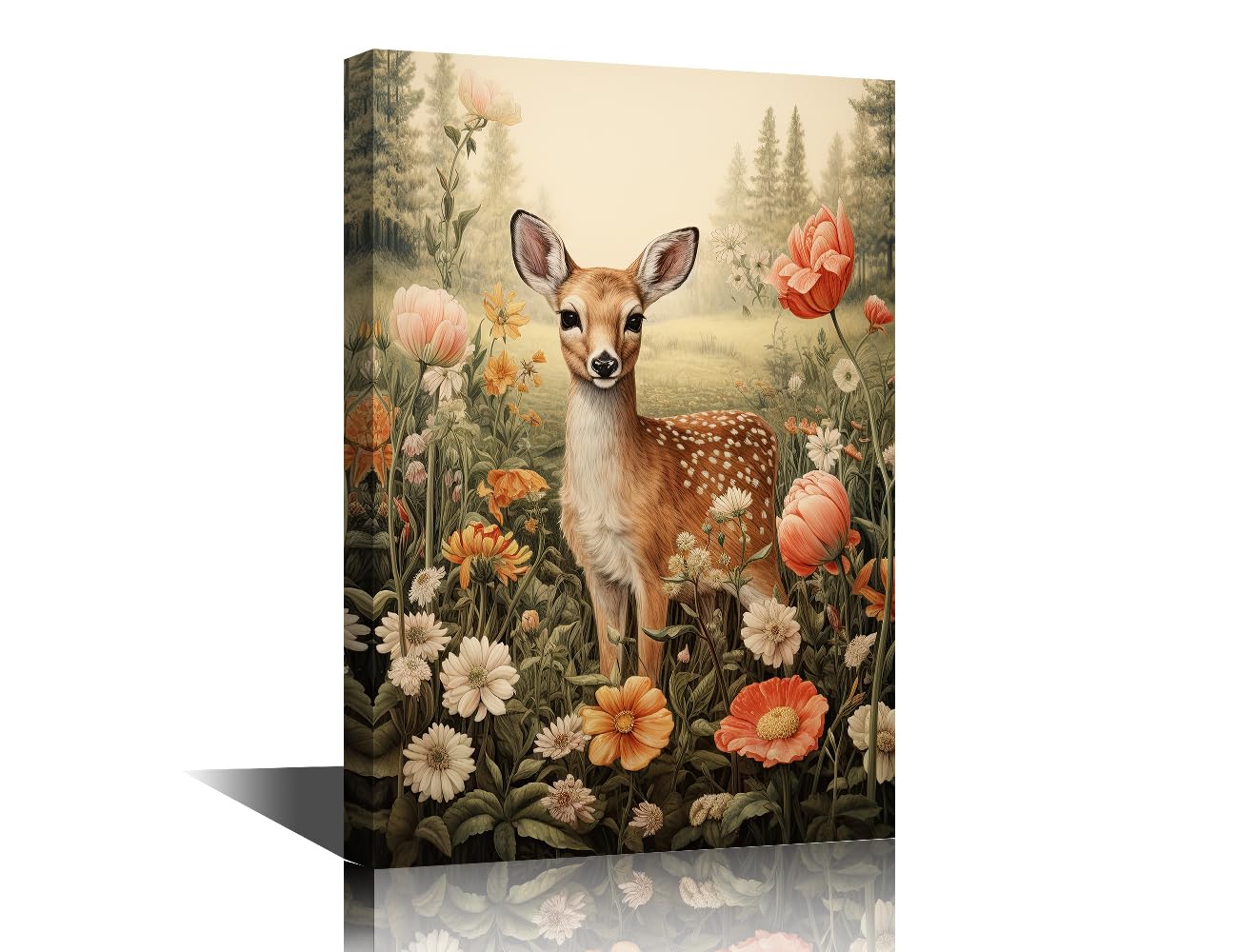 TISHIRON Cute Deer in the Forest with Flowers Wall Art for Living Room Wildlife Canvas Painting Flowers Poster Decorations Artwork Framed Ready to Hang 16" Wx24 Hx1 Panel